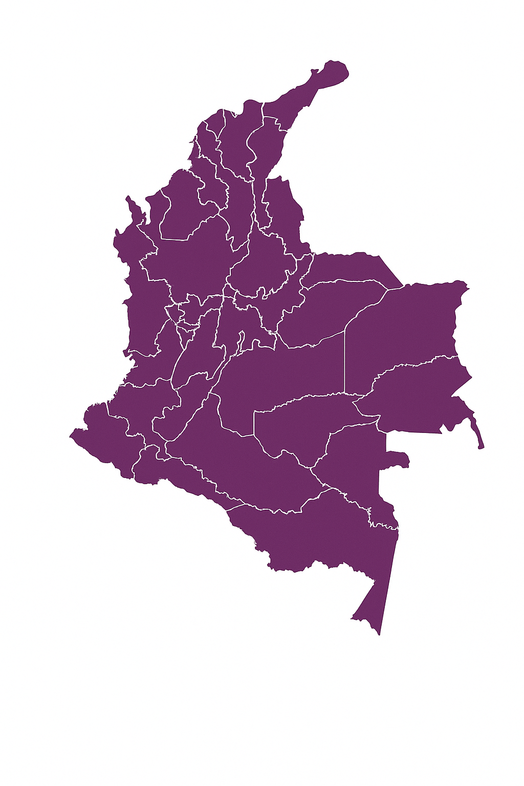 Mapa de Colombia con los 32 departamentos en color morado que representa la cobertura nacional de préstamos rápidos, digitales y sin papeleo